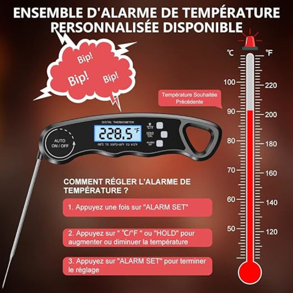 Kökstermometer, omedelbar avläsning matlagnings termometer med 102 cm hopfällbar sond, bakgrundsbelysning och magnet, digital termometer för matlagning, kött, grill, ånga