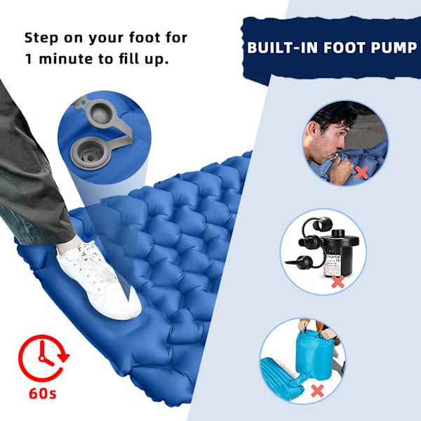 Sovesekk for camping - med innebygd fotpumpe og pute for camping, fotturer