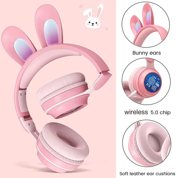 Kids Bunny Rabbit Ears Hodetelefoner med mikrofon for Gaming White white