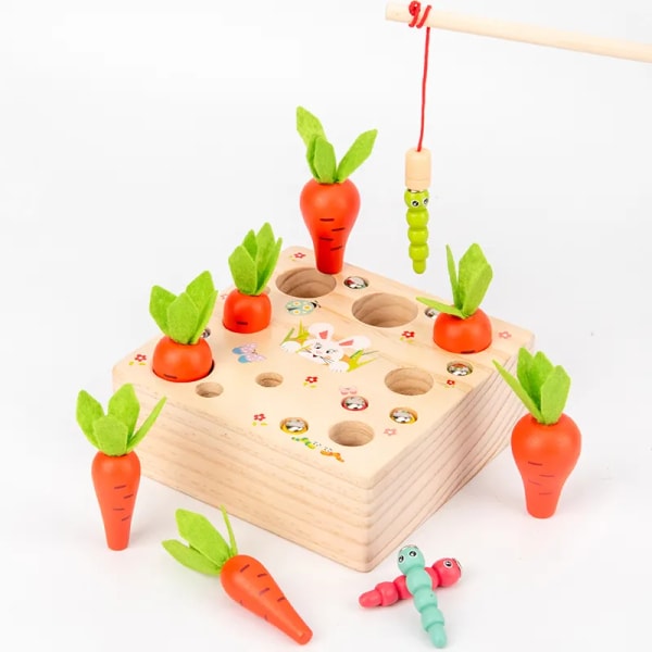 Baby 2 i 1 magnetisk dra morötter Fånga insekter Träleksak Montessori färgform sorteringsspel