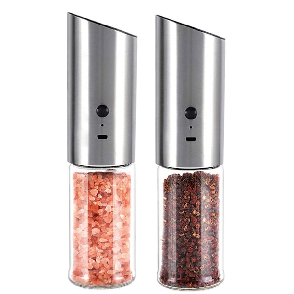 2 Pack Cordless Gravity Electric Salt and Pepper Grinder with Adjustable Grinder and LED Light,Tall Glass Salt and Pepper Grinders Refillable