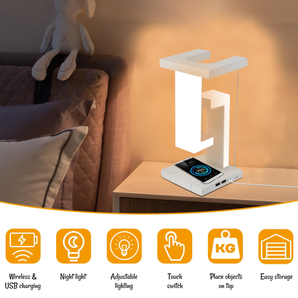 Bordlampe Sengelamper med USB-port Trådløs oplader 3 lystilstande Dæmpbar berøringslampe white