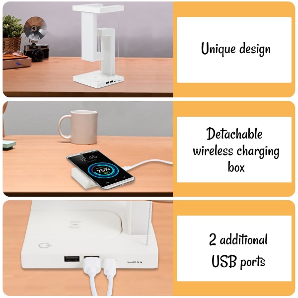 Bordlampe Sengelamper med USB-port Trådløs oplader 3 lystilstande Dæmpbar berøringslampe white
