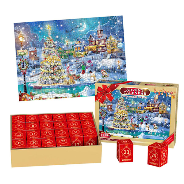 Adventskalender Pussel 1008 Bitar, 24 Dagar Överraskning Jul Nedräkning Kalendrar för Barn Vuxna Familjer, Pussel Adventskalender Box