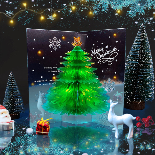 3D-joulukuusen tervehdyskortti, kimalteleva joulukuusen ponnahduskortti kirjekuorella green