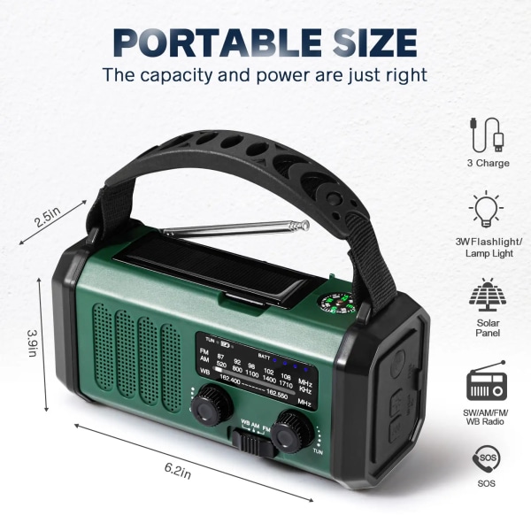 Hätäradio kammella, 10000mAh hätäradio, aurinkoradio AM/FM sääradio, USB Type-C lataus, taskulamppu ja LED-lukuvalo