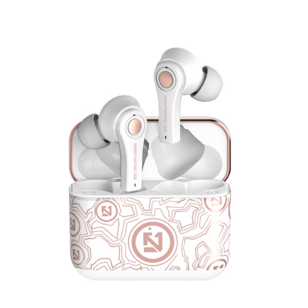 Trådløse ørepropper Bluetooth 5.0 Mini i øret automatisk sammenkoblingshodetelefoner Tofarget håndmalt tidevannshåndfri hodesett (hvit) white