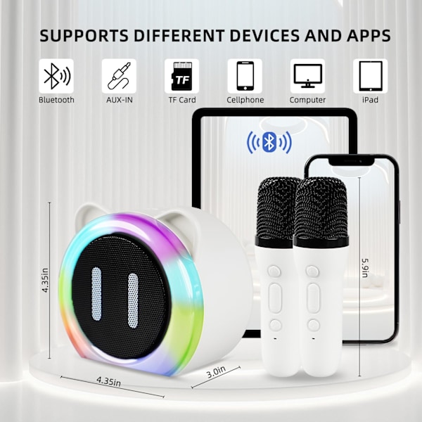 Minikaraoke för Barn, Bluetooth Karaoke med 2 Trådlösa Mikrofoner, Stöder TF, USB, Födelsedagspresenter för Flickor Pojkar Familj Hemfest White