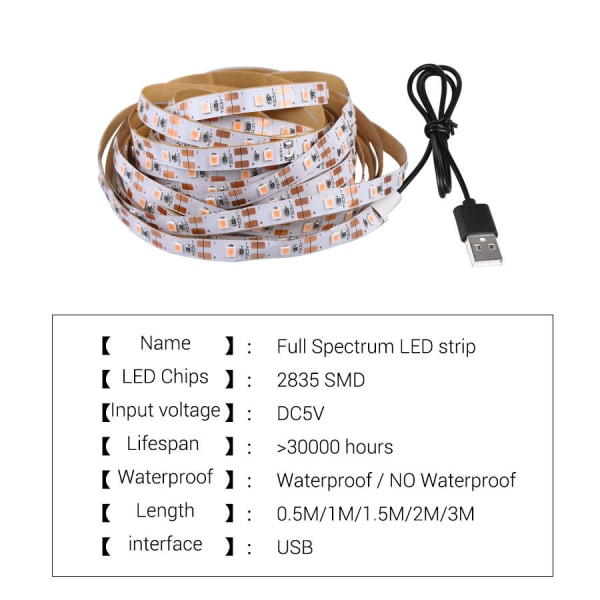 LED 5V fuldt spektrum plantevækstlys USB-plantelys med rør velegnet til plante- og blomsterdrivhustelt hydroponics 3M