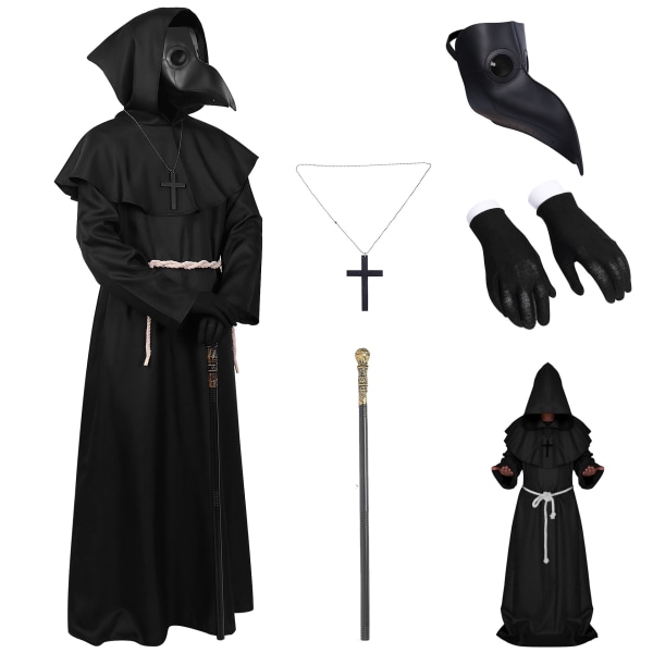 Plague Doctor Mask Costumes Set 5 i 1 Halloween Beak Mask Vuxna Halloween Kostym för Kvinnor Män Dress-Up Cosplay Fest M