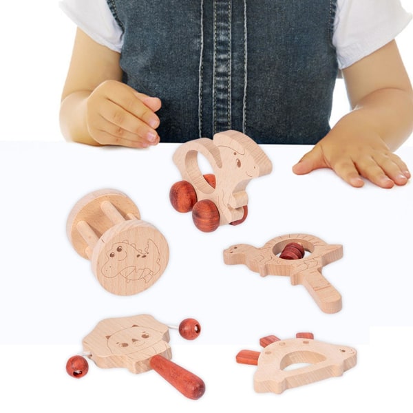 5 delar Trä baby Skallra Nyfödd leksak Sensorisk utveckling Träleksaksskallar Montessorileksaker