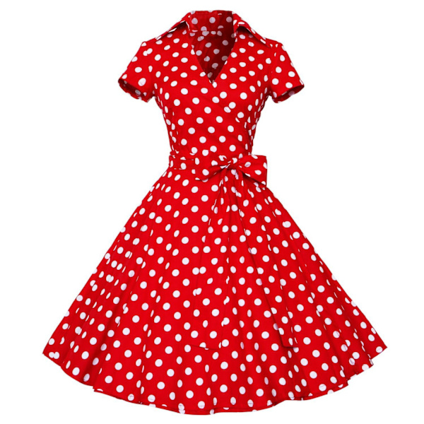 Vintage V-kaula-aukko Bohemian Bubble Skirt Dot Big Peplum -mekko Red S