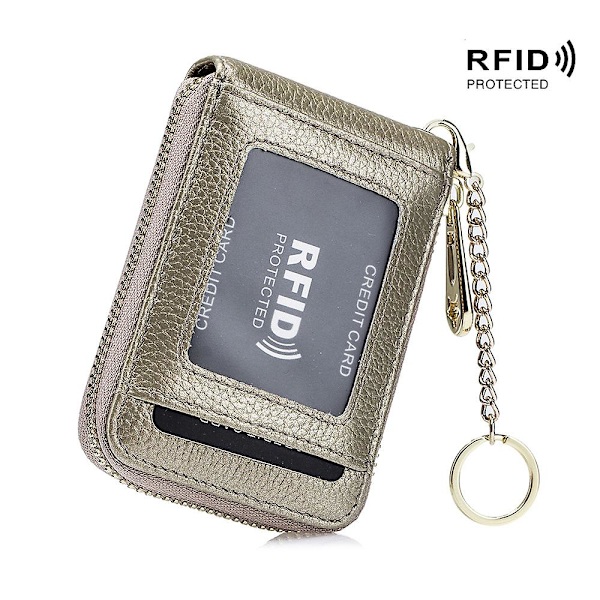Luottokorttilompakko, Rfid-luottokorttikotelo, avaimenperä ja henkilöllisyystodistuksen ikkuna Nahkainen vetoketjullinen korttikotelo (pysty 10 paikkaa) gold