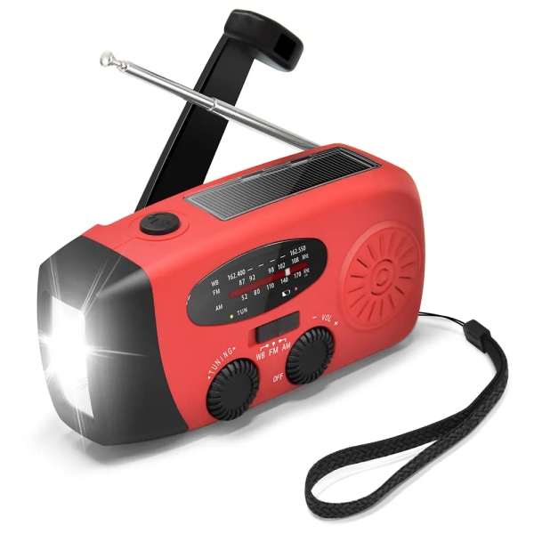 Emergency Weather AM/FM NOAA Solar Powered Clockwork Radio med LED lommelygte, 2000mAh mobiltelefon Power Bank og LED lommelygte (rød)