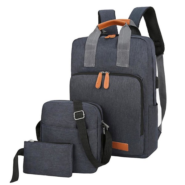 3 stk/sæt Herre Kvinder rygsæk med stor kapacitet+messenger tasker+pung sæt til udendørs rejsearbejdsgaver Blue