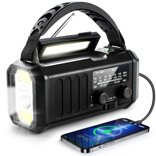 Nødradio med sveiv, 10000mAh Nødradio, Solcelledrevet radio AM/FM Værradio, USB Type-C-lading, Lommelykt og LED-leselys