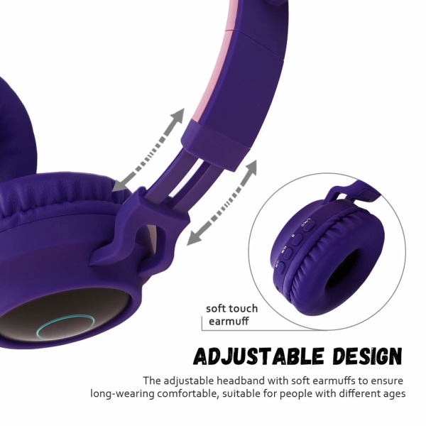 Bluetooth 5.0 Cat Ear-hodetelefoner Sammenleggbare On-Ear Trådløst stereohodesett (lilla) purple