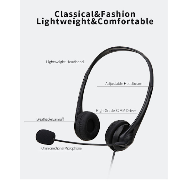 USB-headset med mikrofon - Kompatibel med bærbar/stationær pc Perfekt til podcasting fjernarbejde black