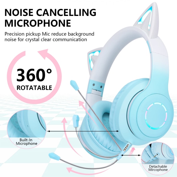 Cat Ear Kids Bluetooth -hörlurar för flickor för skolan, hopfällbara trådbundna spelheadset med mikrofon och 3,5 mm jack justerbart pannband blue