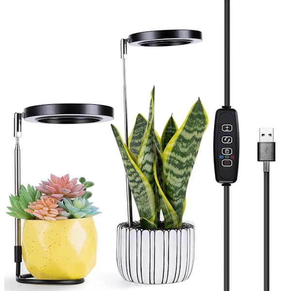 2 st växtlampor för inomhusväxter, fullspektrum LED växtlampa, 10 dimbar ljusstyrka AutoTimer, säker 5V USB-ingång Halo-ljus för små växter