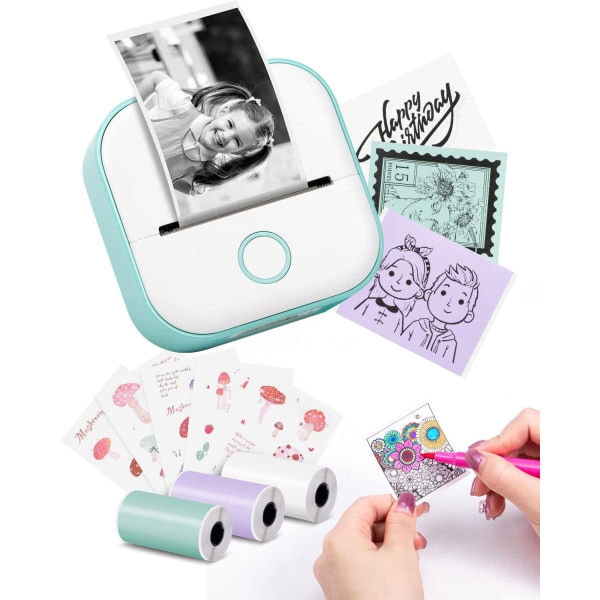 Mini Portable Sticker Printer with 3 Rolls Paper, Bluetooth Photo Picture Printer for Children GREEN