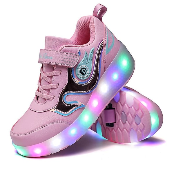 Pojkar LED Light Up Rullskridskor Color Block Kick-Roller Skor Justerbara enkelhjul Pink Charging EU 34=Tag size 36