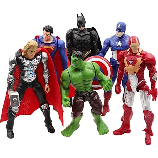 Superhelt Legetøjssæt med 6 stk. Helte Actionfigurer | Batman | Superman Hulk Thor | Ironman | Captain America Samleobjekter | Superhelt Legesæt Kagepynt