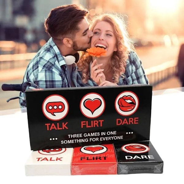 Romantiskt spel för par - Idéer för dejtkvällar Flickvän, Pojkvän, Nygift, Fru eller Man. 3 spel i 1: Prata, Flörta, Våga.