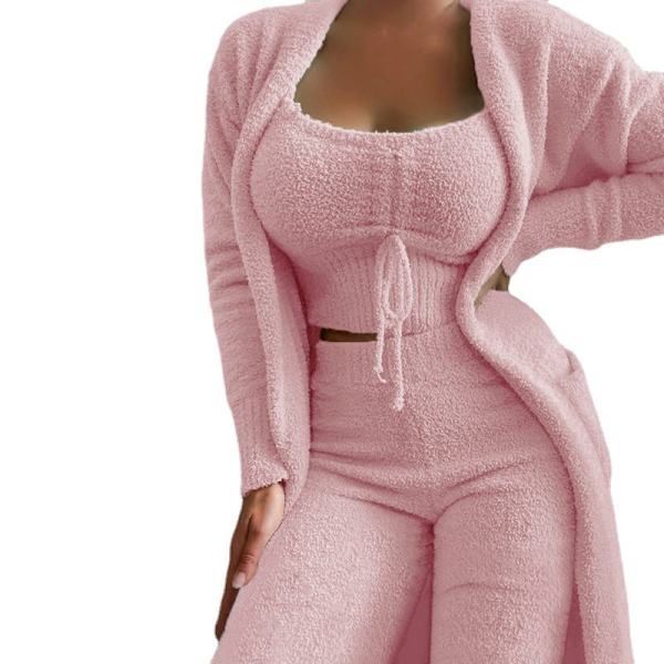 Dam Fuzzy 3-delad set fleece varm öppen kofta ärmlös Crop Top Shorts Pyjamas Loungewear
