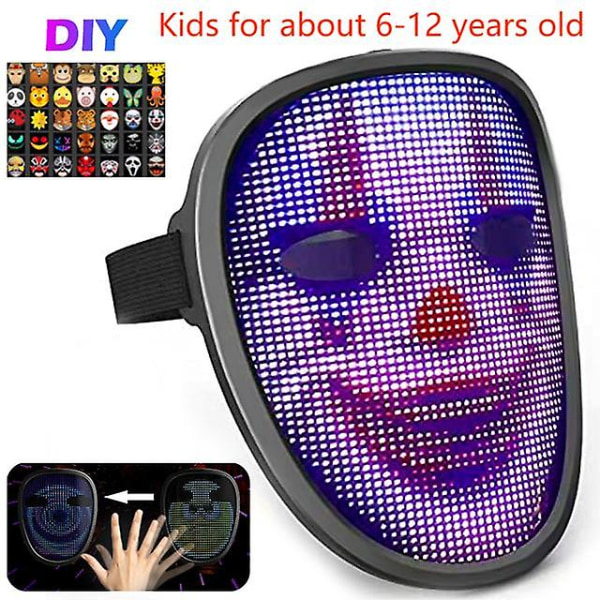 Led Cosplay-mask med programmerbar upplyst ansiktstransformerande mask Uppladdningsbar appkontrollerad props hallowee-fest Bluetooth mask Kids-1200AH Charge