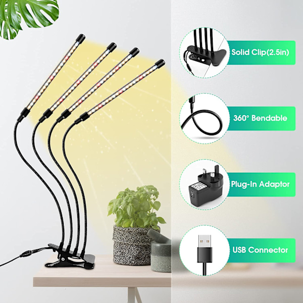 Plantelys, Plantelys til indendørs planter, 10 dæmpningsniveauer og 4 hoveder Plantelys med timer, 3 tilstandsindstillinger til planter og sukkulenter