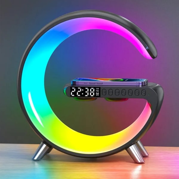 Multifunktionel Trådløs Oplader Vækkeur Højttaler App Kontrol Rgb Night Light Ladestation Til Iphone black