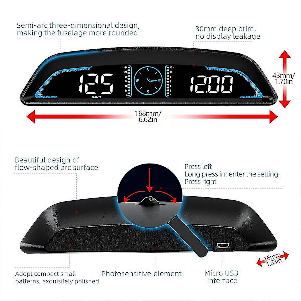 Digital GPS-speedometer Bil Heads Up-skærm med hastighed Træt kørselsadvarsel Overhastighedsalarm