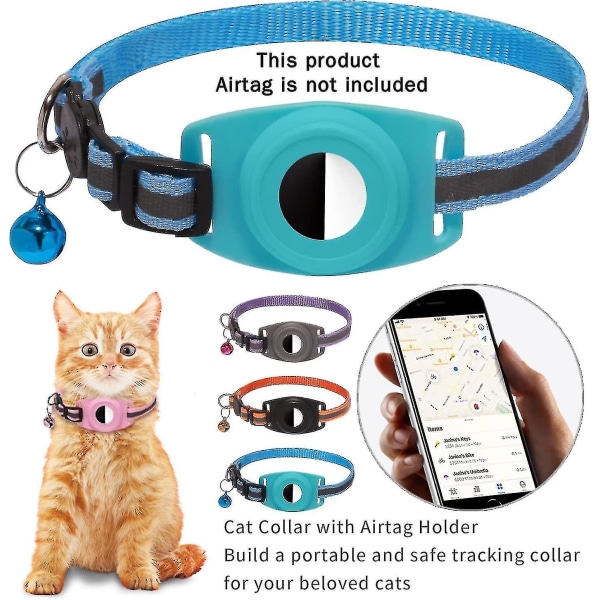 Reflekterande katthalsband kompatibelt med luftmärke, GPS-katthalsband med klocka, säkerhetsspänne och vattentät luftmärkeshållare Blue