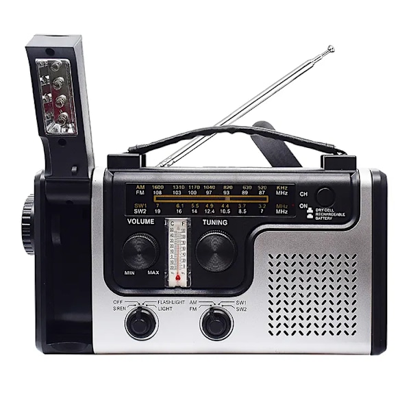 Emergency Solar Håndsving Dynamo AM/FM vejrradio, lommelygte, læse LED lys, termometer, mobiltelefon oplader m/USB adapter