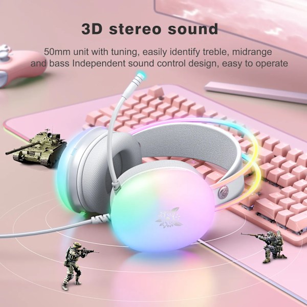 3,5 mm Audio Over Ear Gaming-hodetelefoner med mikrofon, PC-kablede RGB Rainbow Gaming-hodetelefoner white