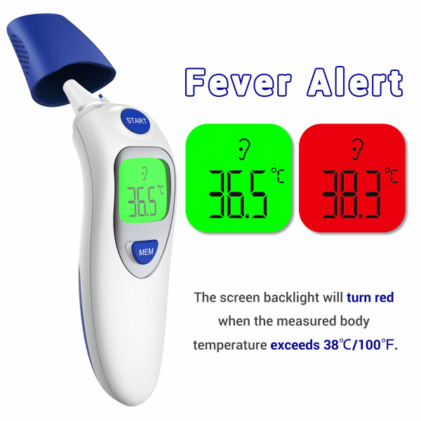 Öron- och panntermometer - 3 lägen beröringsfri temperaturpistol med tvåfärgad LCD-skärm, feberlarm - exakt febertermometer