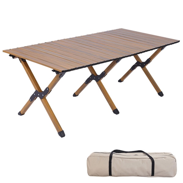 Campingbord i kolstål träsäd 4-6 personer upprullat lätt picknickbord med stor bordsskiva och bärbar handväska (120cm)