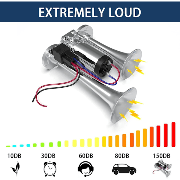 600 DB luft horn dobbel trompeter, lastebil toghornssett for alle 12V SUV motorsykkel