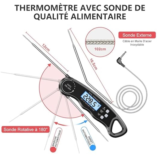 Kökstermometer, omedelbar avläsning matlagnings termometer med 102 cm hopfällbar sond, bakgrundsbelysning och magnet, digital termometer för matlagning, kött, grill, ånga