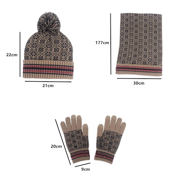 3 stk Snøfnuggtrykk Dame Lue Hansker Skjerfsett Vinterlue Varmstrikket Pom Cap Khaki