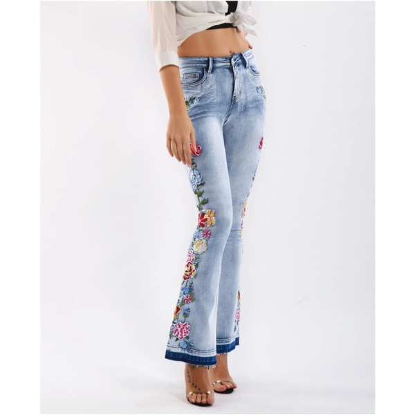 Kvinders smarte blomsterbroderede højtaljede flare bukser flare jeans brede ben lange denimbukser