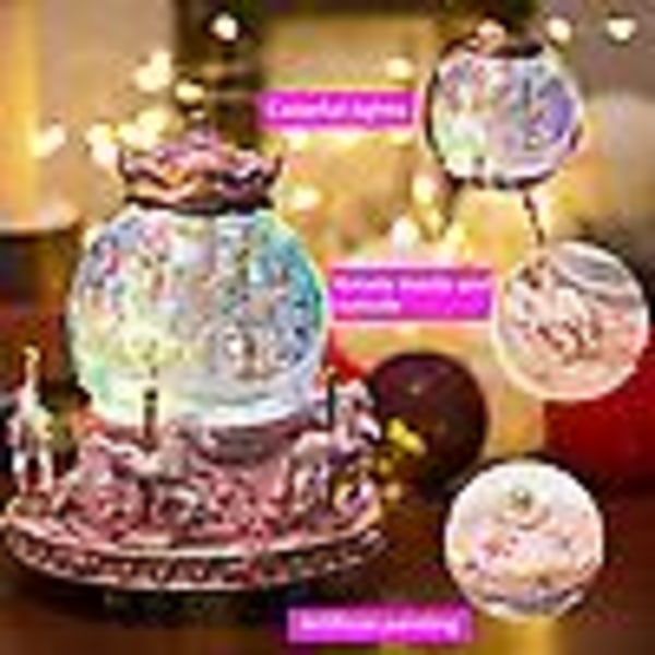 Gaveinnpakket musikkboks Karusellhester Fargeskiftende lys Unicorn Snow Globe for kvinner venner