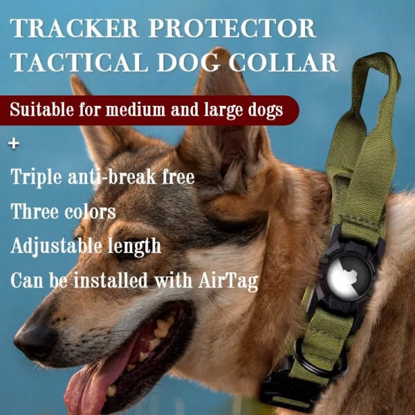 Tactical Dog AirTag Halsbånd Deluxe Nylon Personlig Protector Metal Barrel Heavy Duty til AirTag Hundehalsbånd (Sort)