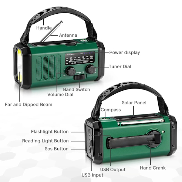 10000mAh Kurvradio, Nødradio, Solradio, NOAA/AM/FM Vejrradio, USB Type-C Opladning, Dynamo Radio, Lommelygte & LED Læselampe