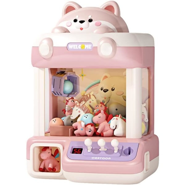 Klomaskin for barn, miniautomater Candy Grabber Premiedispenser Leker, Elektronisk arkadespillmaskin med lyslyd og 20 plysjleker - rosa