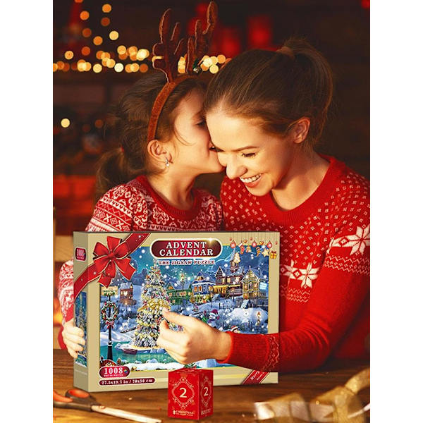 Adventskalender Pussel 1008 Bitar, 24 Dagar Överraskning Jul Nedräkning Kalendrar för Barn Vuxna Familjer, Pussel Adventskalender Box
