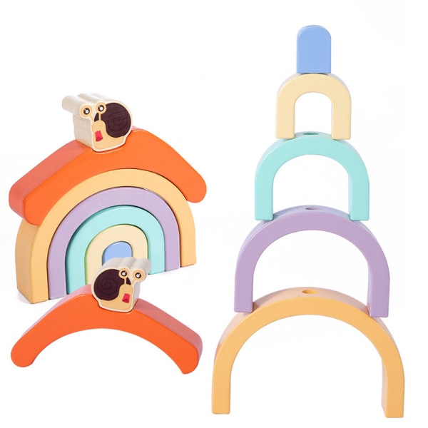 Trekkleke med tresnegl, trekkleketøy for småbarn å gå, regnbuestabler for snegle med hjul