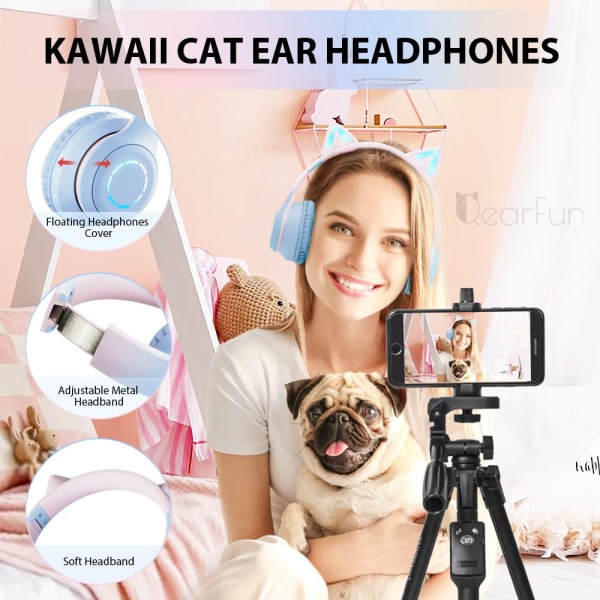 Cat Ear Kids Bluetooth -hörlurar för flickor för skolan, hopfällbara trådbundna spelheadset med mikrofon och 3,5 mm jack justerbart pannband blue