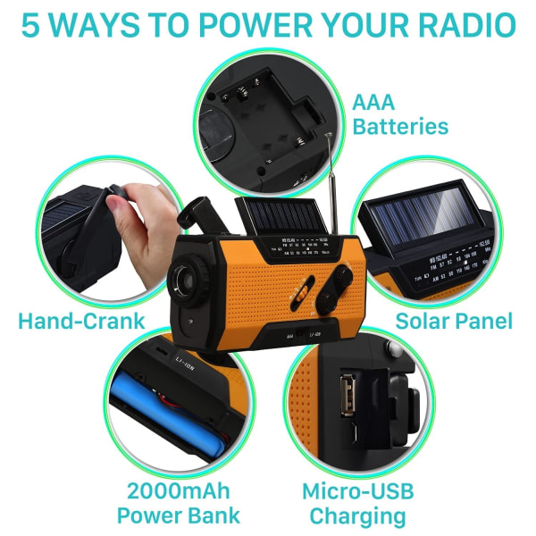 Nödladdare med solceller och vev, väderradio, 2000 mAh, powerbank, ficklampa